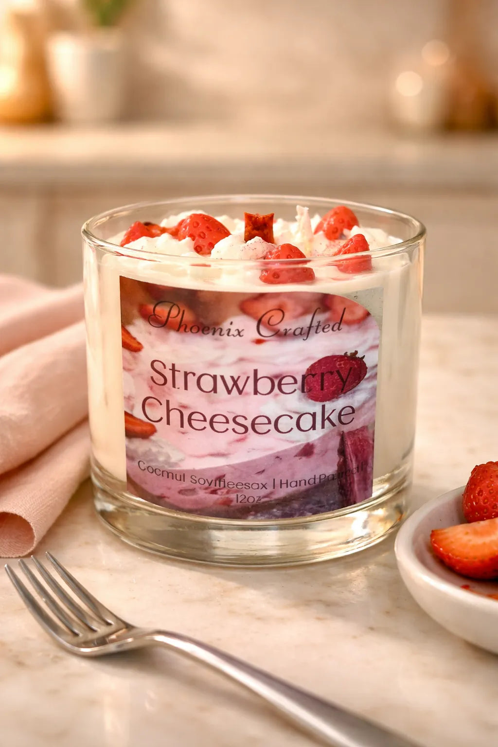 Strawberry Cheesecake Candle in a glass jar with strawberries and whipped cream on top, perfect for cozy atmospheres.