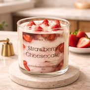 Strawberry Cheesecake Candle in a clear jar with fresh strawberries on a marble coaster in a cozy kitchen setting.