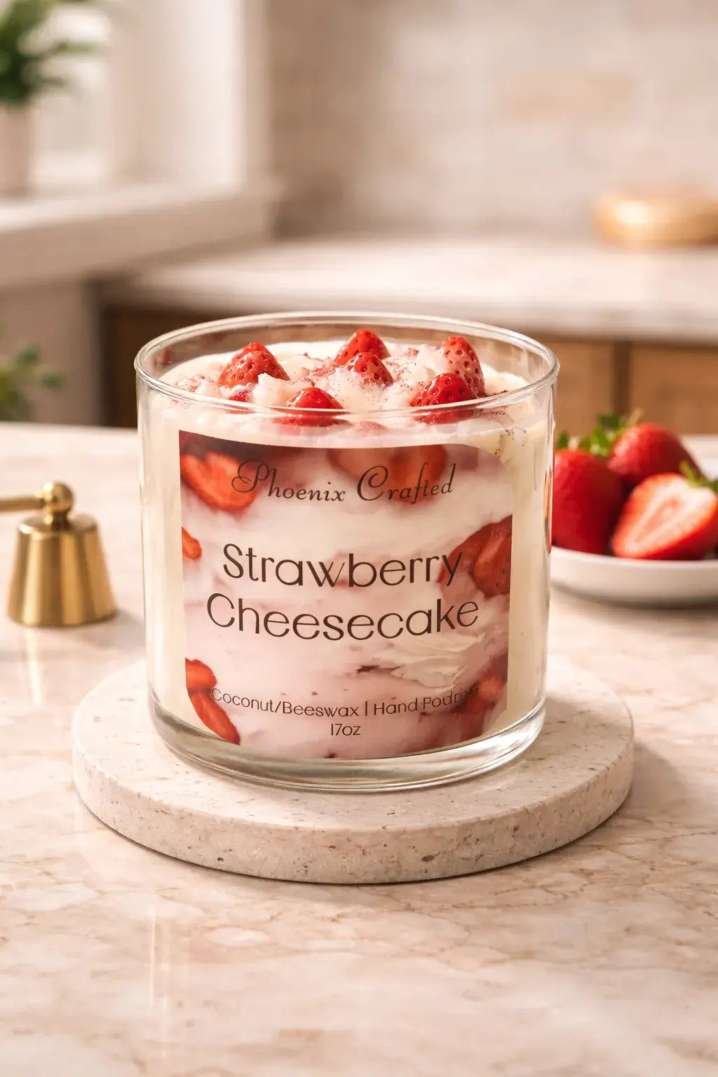 Strawberry Cheesecake Candle in a clear jar with fresh strawberries on a marble coaster in a cozy kitchen setting.