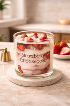 Strawberry Cheesecake Candle in a clear jar with fresh strawberries on a marble coaster in a cozy kitchen setting.