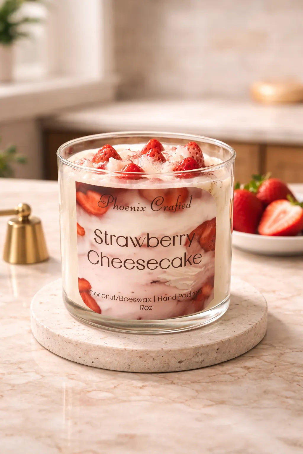 Strawberry Cheesecake Candle in a clear jar with fresh strawberries on a marble coaster in a cozy kitchen setting.