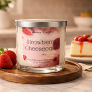 Strawberry Cheesecake Candle on a wooden tray with strawberries and a cheesecake in a cozy kitchen.