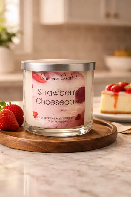 Glass jar candle with silver lid and pink label reading Strawberry Cheesecake, cream wax, on a wooden tray with strawberries and cheesecake slice.
