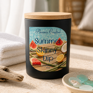 Summer Skinny Dip Candle on a stone surface with watermelon and lemon graphics, surrounded by seashells and beach decor.