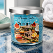 Summer Skinny Dip Candle in a stylish jar with tropical fruit design on a table by the sea.