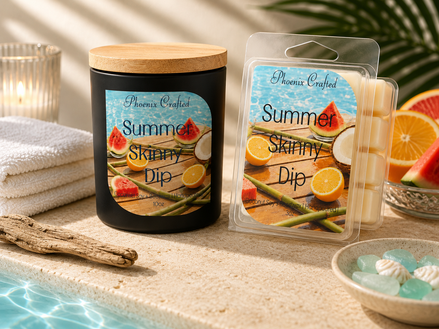 Summer Skinny Dip candle and matching wax melts arranged together as a coordinated Phoenix Crafted gift set.