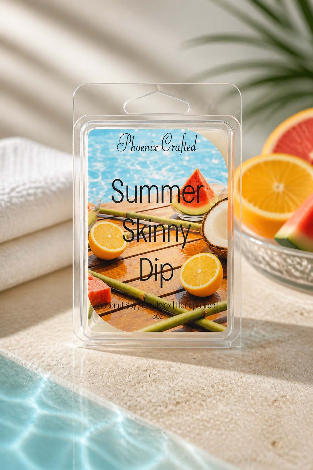 Summer Skinny Dip Wax Melts clamshell packaging with tropical fruits and refreshing colors, perfect summer wax melts.