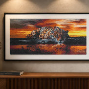 Sunset Watcher leopard diamond artwork shown in a frame mockup; artwork is sold unframed.