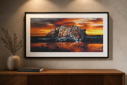 Sunset Watcher leopard diamond artwork shown in a frame mockup; artwork is sold unframed.
