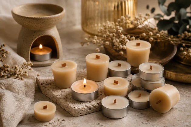 Phoenix Crafted tealight and votive candles arranged for small-space home fragrance.