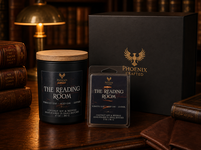 The Reading Room candle and matching wax melts arranged together as a Phoenix Crafted gift set.