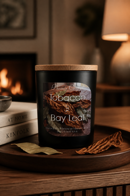 Matte black jar candle with wooden lid labeled 'Tobacco & Bay Leaf' sits on a wooden tray with bay and dried tobacco leaves.