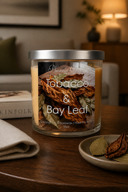 Jar candle with lid and label on a table beside a folded beige napkin and small dish of bay leaves, blurred lamp behind.
