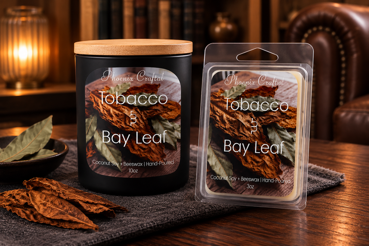 Tobacco & Bay Leaf candle and matching wax melts arranged together as a coordinated Phoenix Crafted gift set.
