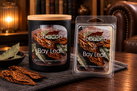 Tobacco & Bay Leaf candle and matching wax melts arranged together as a coordinated Phoenix Crafted gift set.