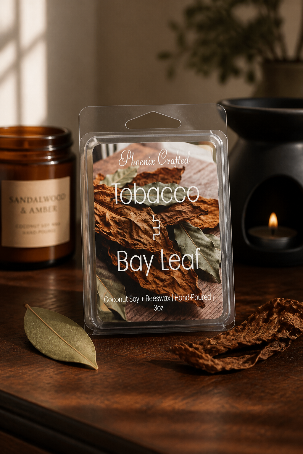 Clear clamshell labeled 'Tobacco & Bay Leaf' with brown dried tobacco leaves, a green bay leaf, amber jar and black wax warmer.