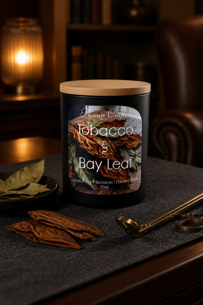 Black matte jar candle with wooden lid and label, dried leaves and small dish to its left, and a brass wick trimmer on a dark placemat.