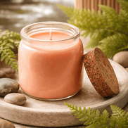 Peach-pink candle in a clear glass jar with a centered wick, cork lid propped beside it on a round stone tray.