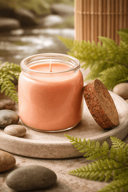 Peach-pink candle in a clear glass jar with a centered wick, cork lid propped beside it on a round stone tray.