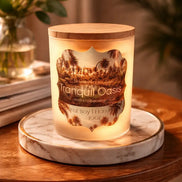 Tranquil Oasis Candle placed on marble surface, featuring a soothing blend of eucalyptus and spearmint.