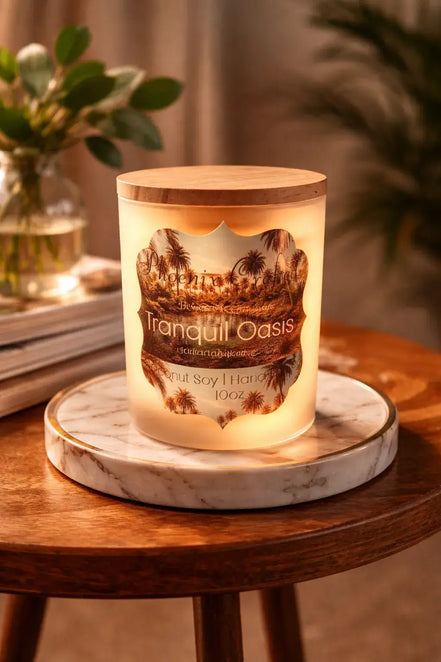 Tranquil Oasis Candle placed on marble surface, featuring a soothing blend of eucalyptus and spearmint.