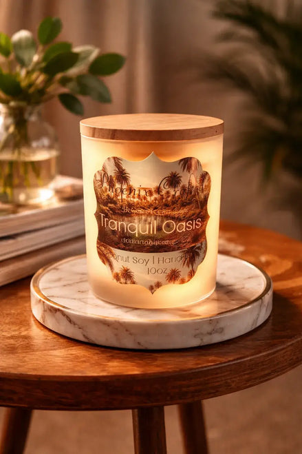 Tranquil Oasis Candle placed on marble surface, featuring a soothing blend of eucalyptus and spearmint.