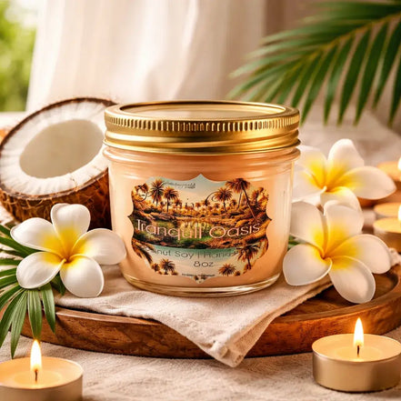 Glass jar candle labeled 'Tranquil Oasis' with pale peach wax and gold lid on a tray, surrounded by plumeria, coconut half.