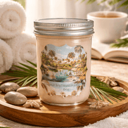 Tranquil Oasis Candle in a decorative jar on a wooden tray with spa elements and greenery.