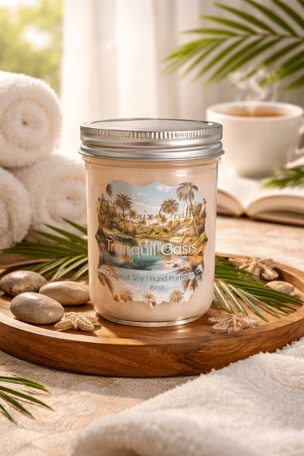 Tranquil Oasis Candle in a decorative jar on a wooden tray with spa elements and greenery.