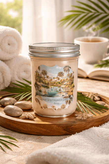 Tranquil Oasis Candle in a decorative jar on a wooden tray with spa elements and greenery.