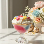 Tropical Sorbet Decorative Candles with colorful toppings in a glass, surrounded by flowers and soft lighting.