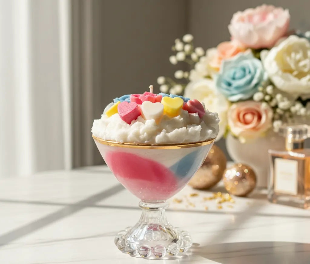 Tropical Sorbet Decorative Candles with colorful toppings in a glass, surrounded by flowers and soft lighting.