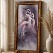 Vertical framed diamond painting of two white cranes in purple-pink twilight hues.