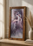 Vertical framed diamond painting of two white cranes in purple-pink twilight hues.