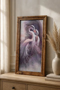 Twilight Cranes Diamond Painting in a wooden frame showcasing two elegant cranes in twilight colors.