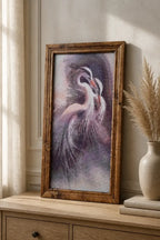 Twilight Cranes Diamond Painting in a wooden frame showcasing two elegant cranes in twilight colors.