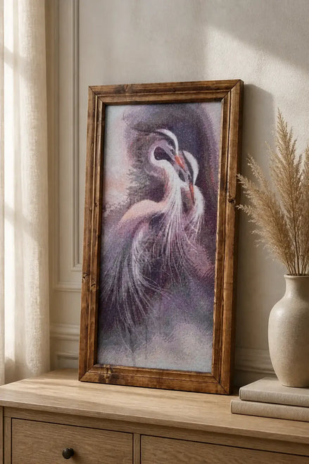 Twilight Cranes Diamond Painting in a wooden frame showcasing two elegant cranes in twilight colors.