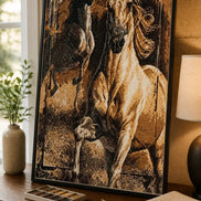 Twin Spirits finished two-horse diamond artwork shown in a frame mockup; artwork is sold unframed.