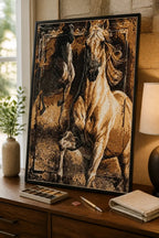 Twin Spirits Diamond Painting featuring horse figures in dynamic motion, showcasing strength and beauty in resin diamonds.