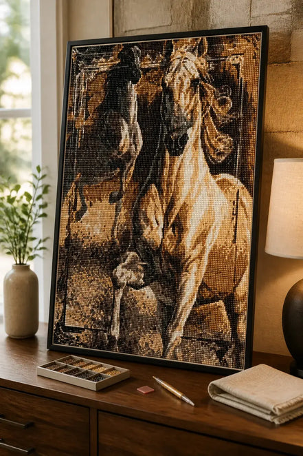 Twin Spirits finished two-horse diamond artwork shown in a frame mockup; artwork is sold unframed.