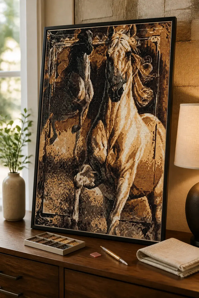 Twin Spirits finished two-horse diamond artwork shown in a frame mockup; artwork is sold unframed.