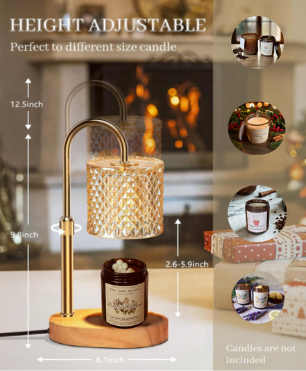 Gold-tone adjustable lamp warmer with diamond glass shade over base holding amber jar candle labeled 'Soli Deo Gloria'.