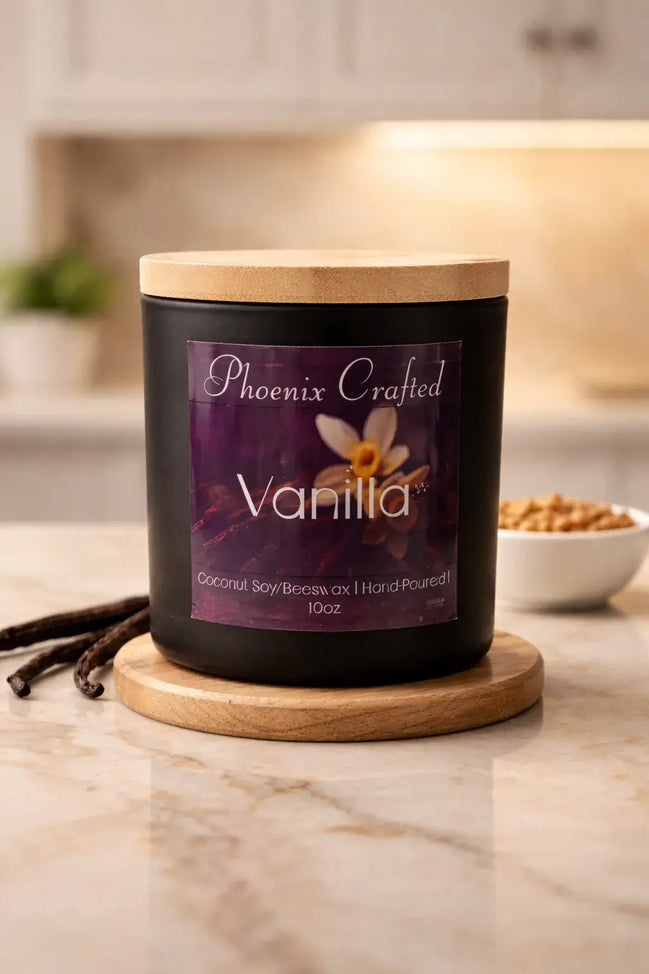 Matte black jar candle with light wood lid on wood coaster, purple label Phoenix Crafted - Vanilla, vanilla pods at left.