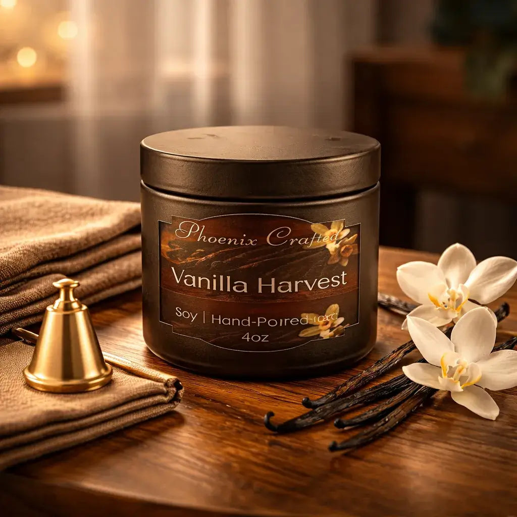 Vanilla Harvest Candle in a stylish jar, surrounded by vanilla pods and orchids on a wooden table.
