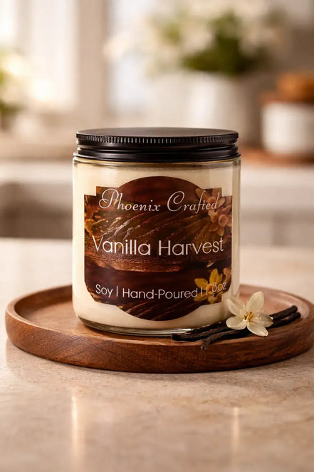 Vanilla Harvest Candle in a glass container on a wooden tray with vanilla pods and flowers.