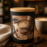Matte black candle jar with light wood lid labeled 'Vanilla Latte' on a table with coffee beans, vanilla pod, beige linen and latte cup.