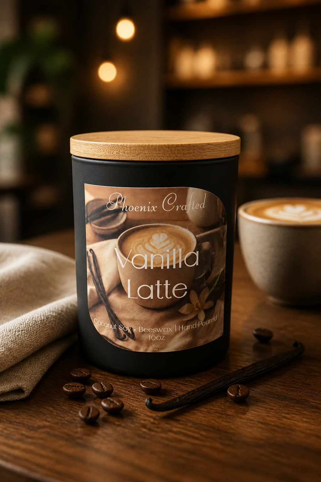 Matte black candle jar with light wood lid labeled 'Vanilla Latte' on a table with coffee beans, vanilla pod, beige linen and latte cup.