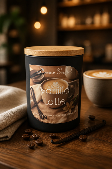 Matte black candle jar with light wood lid labeled 'Vanilla Latte' on a table with coffee beans, vanilla pod, beige linen and latte cup.