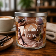 Vanilla Latte candle by Phoenix Crafted on a wooden table with a coffee cup and vanilla beans.