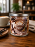 Vanilla Latte candle by Phoenix Crafted on a wooden table with a coffee cup and vanilla beans.
